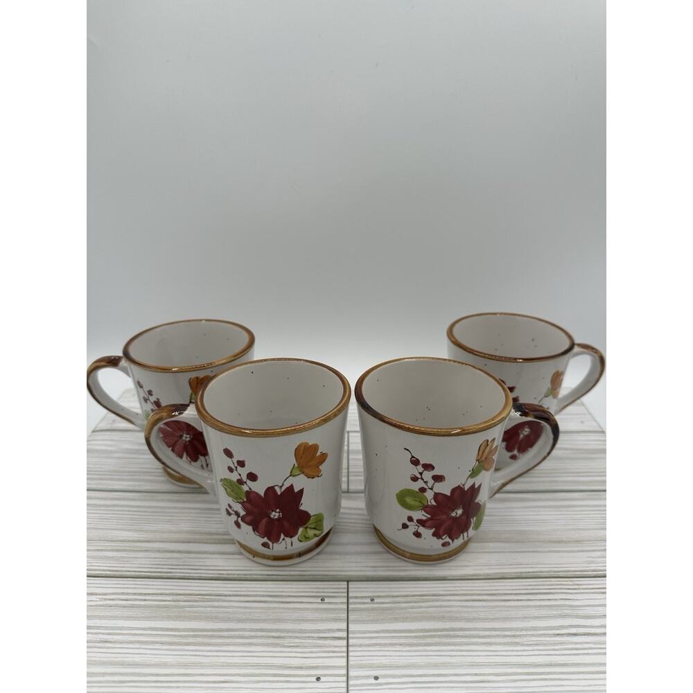 VTG Plum Blossom Mugs Stoneware Floral - Korea Marked 901/904 Set Of 4